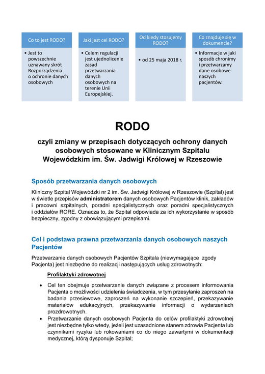 RODO
czyli zmiany w przepisach dotyczcych ochrony danych osobowych stosowane w Klinicznym Szpitalu Wojewdzkim im. w. Jadwigi Krlowej w Rzeszowie